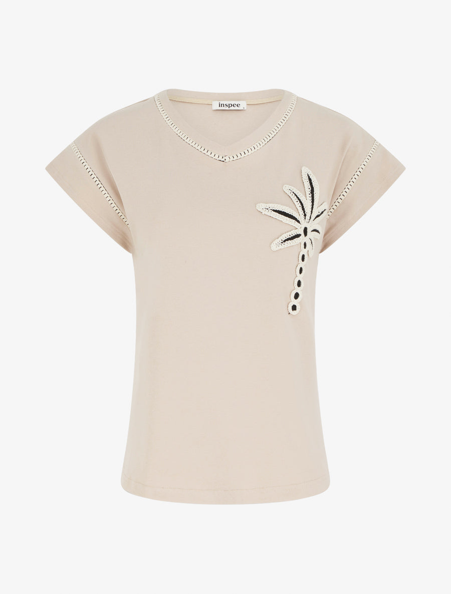 T-shirt manches courtes à palmier brodé - Beige - 1