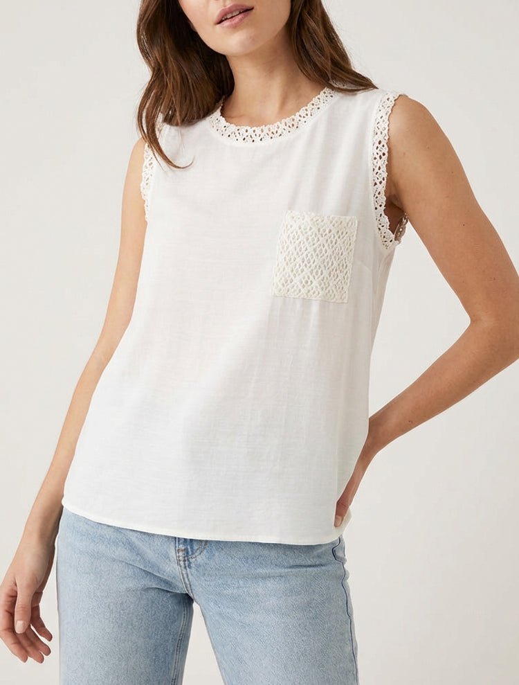Top sans manches droit à poche en crochet - Écru