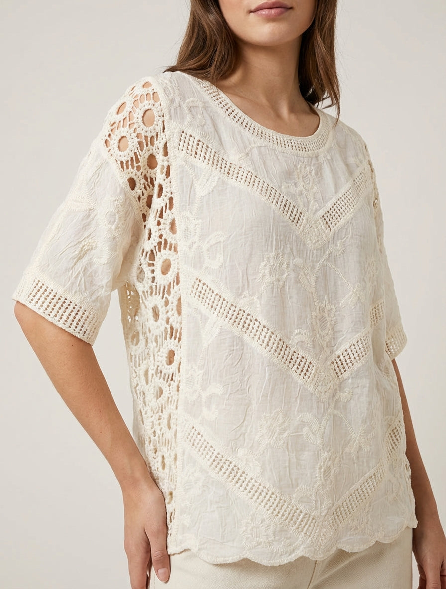 Top fluide en crochet coupe ample - Écru