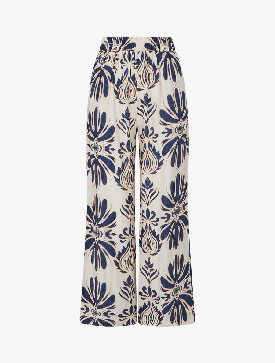 Pantalon ample taille haute imprimé arabesque - Marine - 1
