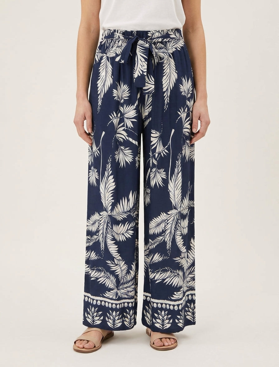 Pantalon fluide taille haute à liens - Marine