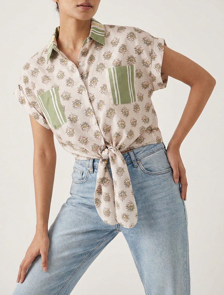 Chemise courte à poches imprimé floral - Vert olive