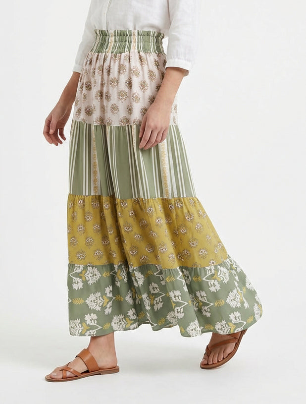 Jupe longue taille haute patchwork - Vert olive