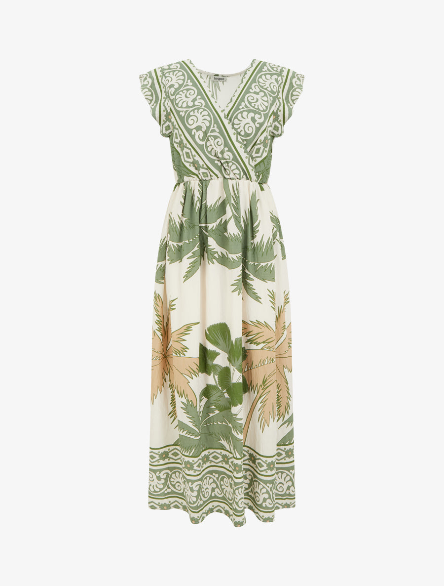 Robe longue imprimé feuillage à manches courtes - Vert - 1
