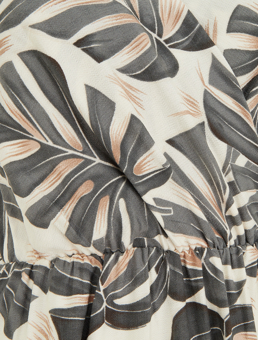 Robe longue imprimé feuilles à manches courtes - Gris - 3