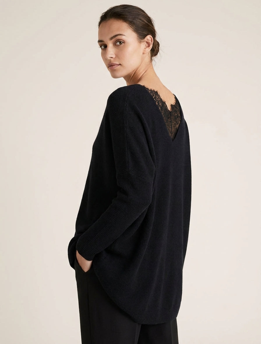 Pull long dos en V dentelle - Noir