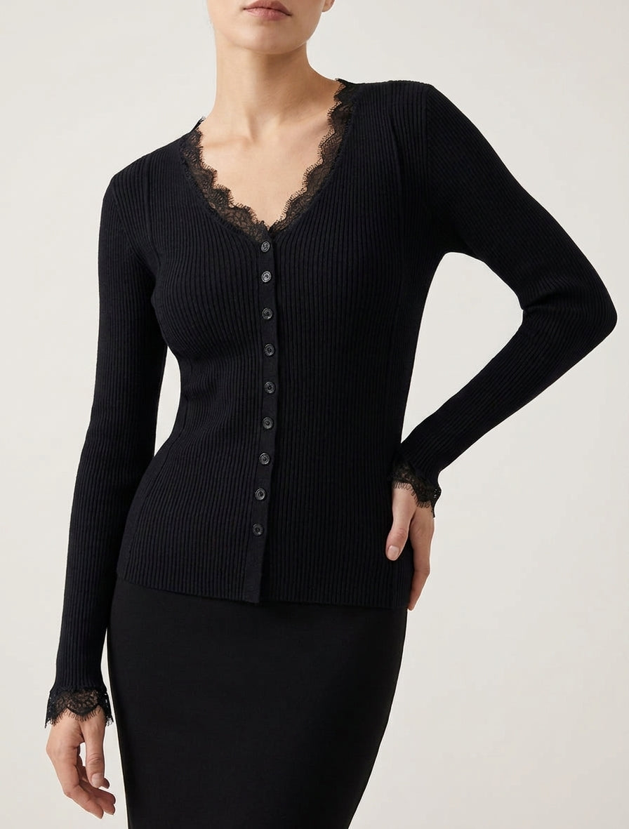 Pull côtelé à dentelle et boutons - Noir