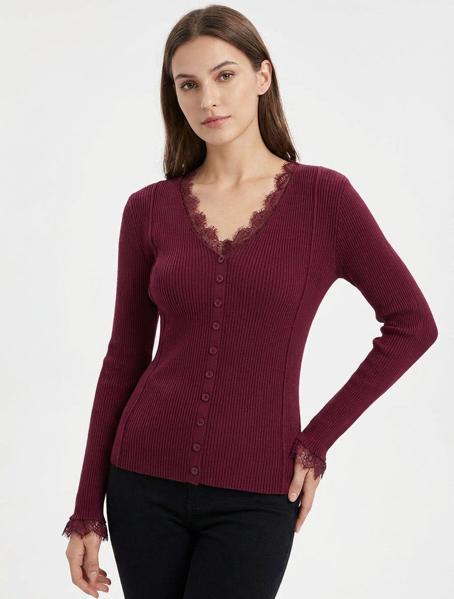 Pull côtelé col V dentelle - Violine