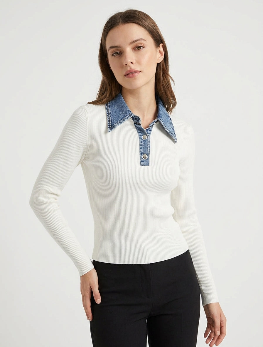Pull fin côtelé col boutonné jean - Écru