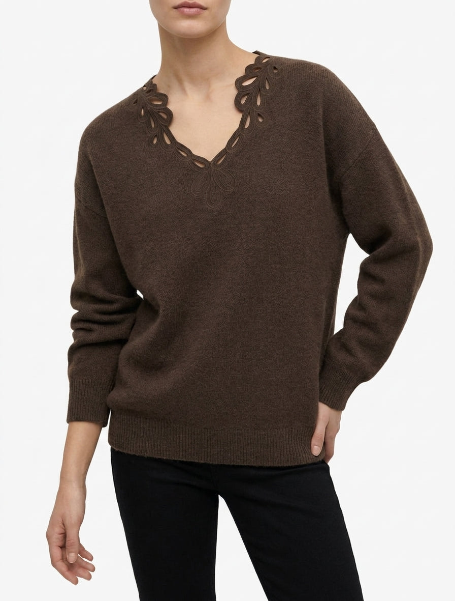 Pull uni col V brodé - Marron