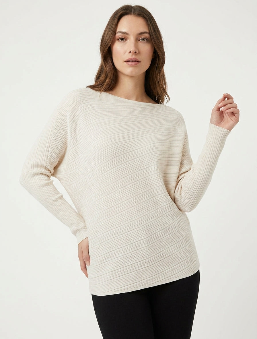 Pull ample col bateau côtelé - Crème