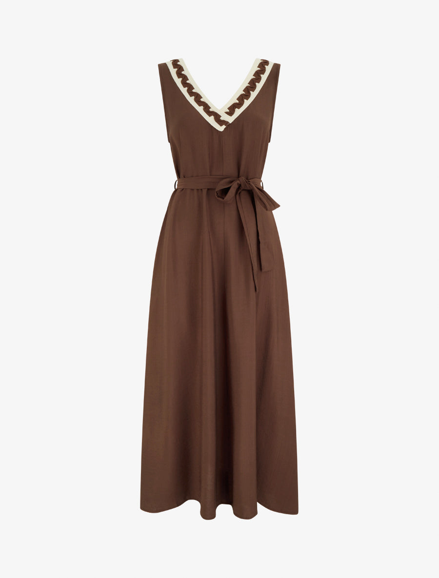 Robe longue sans manches à col V fantaisie - Marron - 1