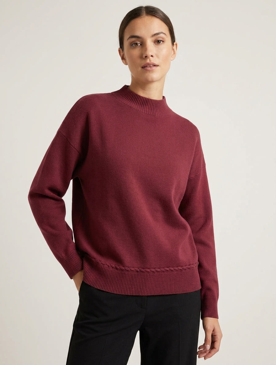 Pull ample col montant bords fantaisie - Bordeaux