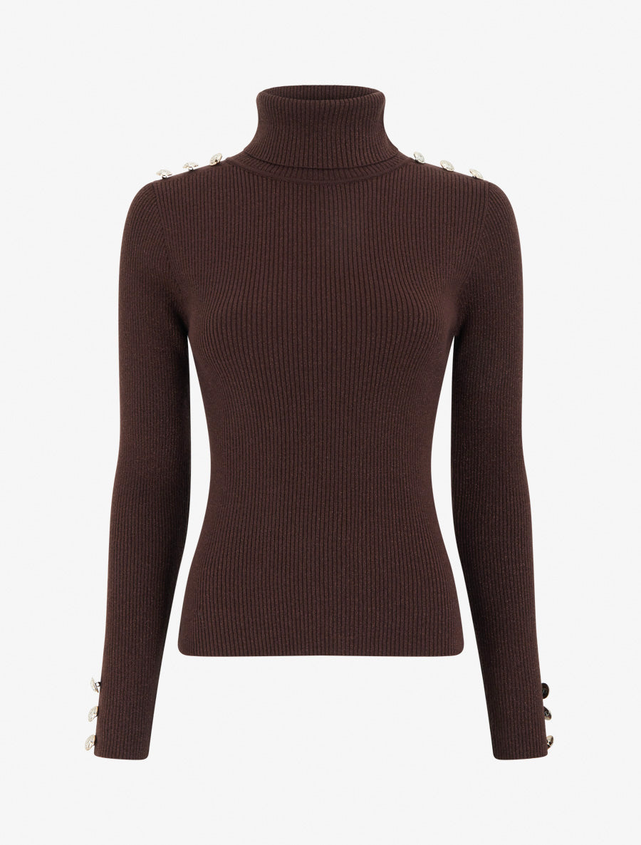 Pull en maille côtelée pailleté à col roulé - Marron - 1