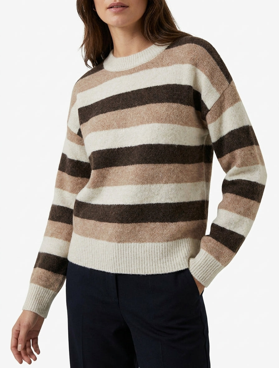 Pull droit à manches longues rayé - Beige