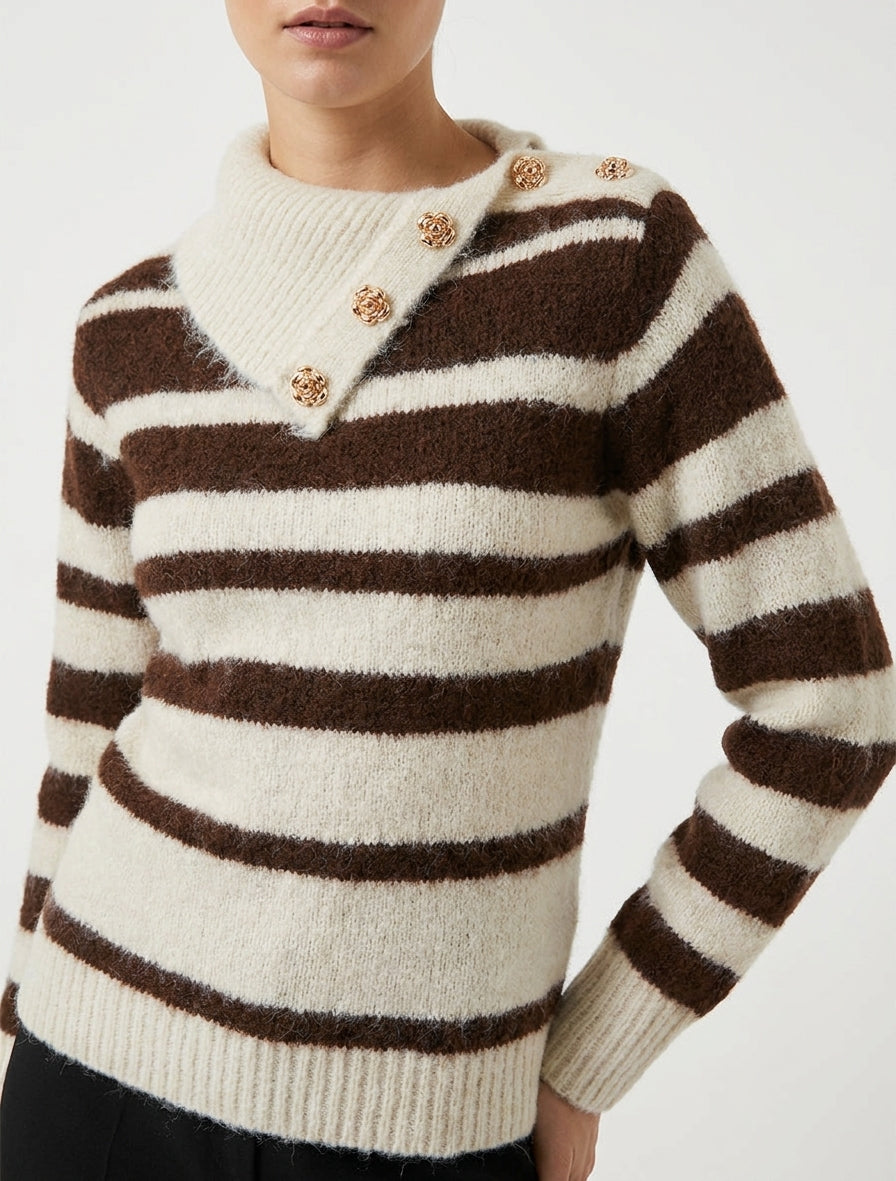 Pull rayé col châle à boutons bijoux - Marron/beige