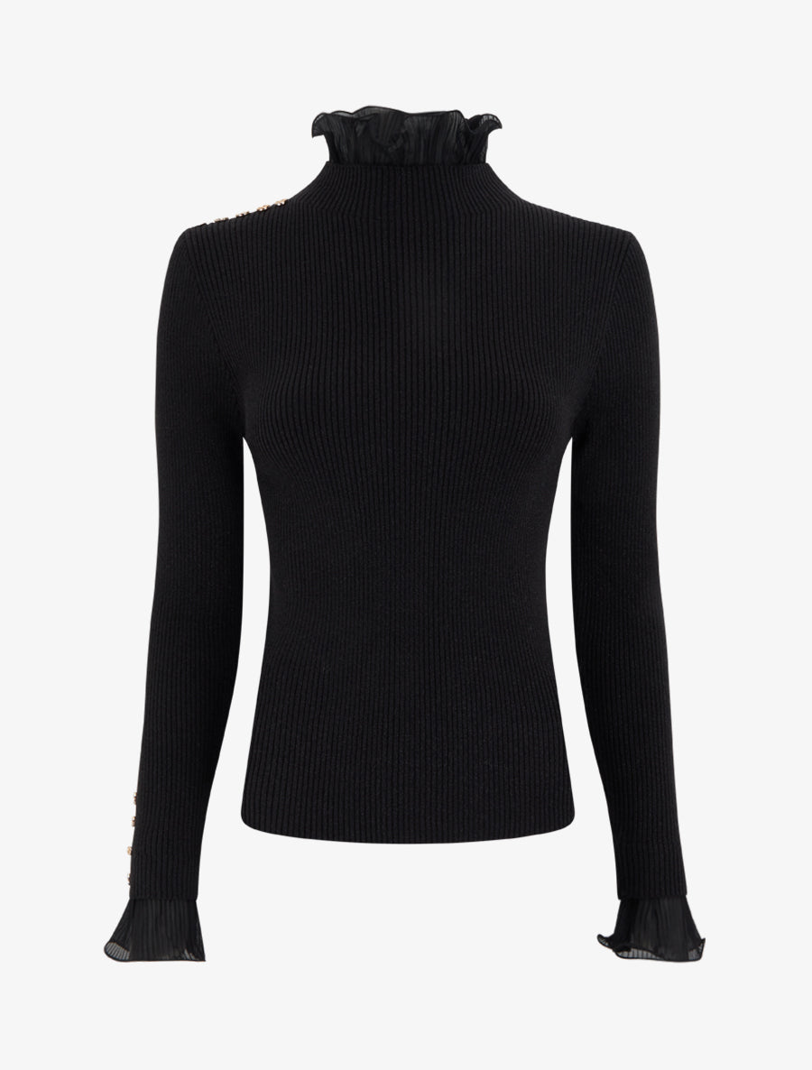 Pull côtelé et pailleté à col montant volanté - Noir - 1