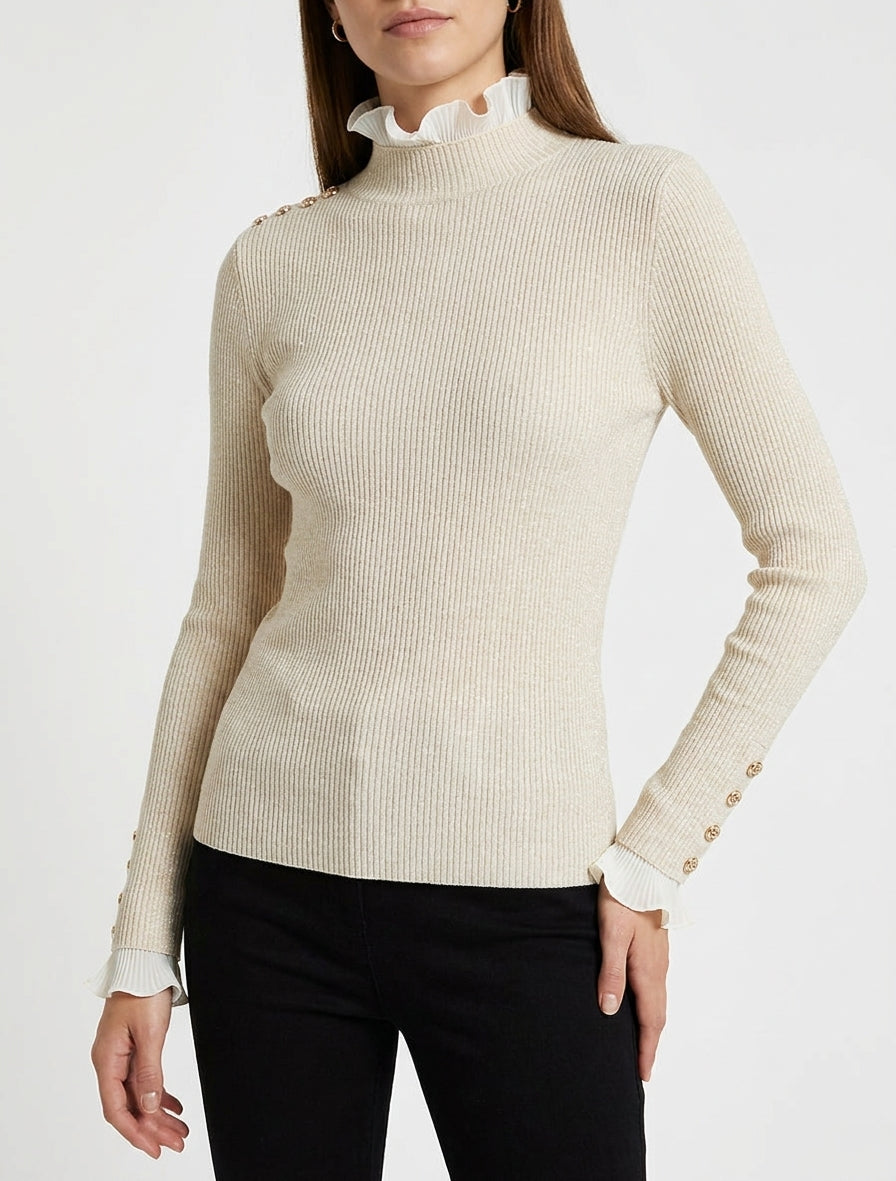 Pull pailleté à col roulé volanté - Beige