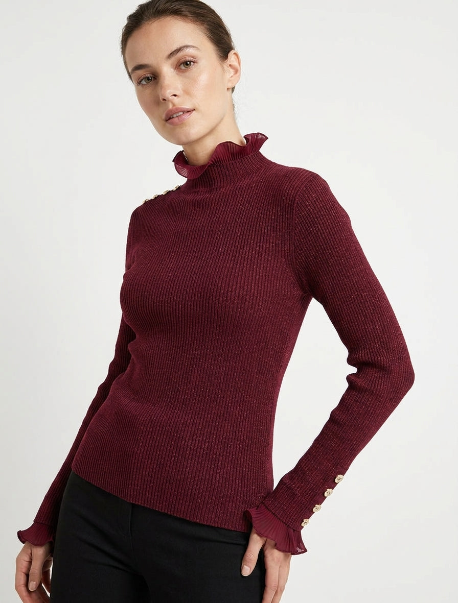 Pull pailleté à volants plissés - Bordeaux