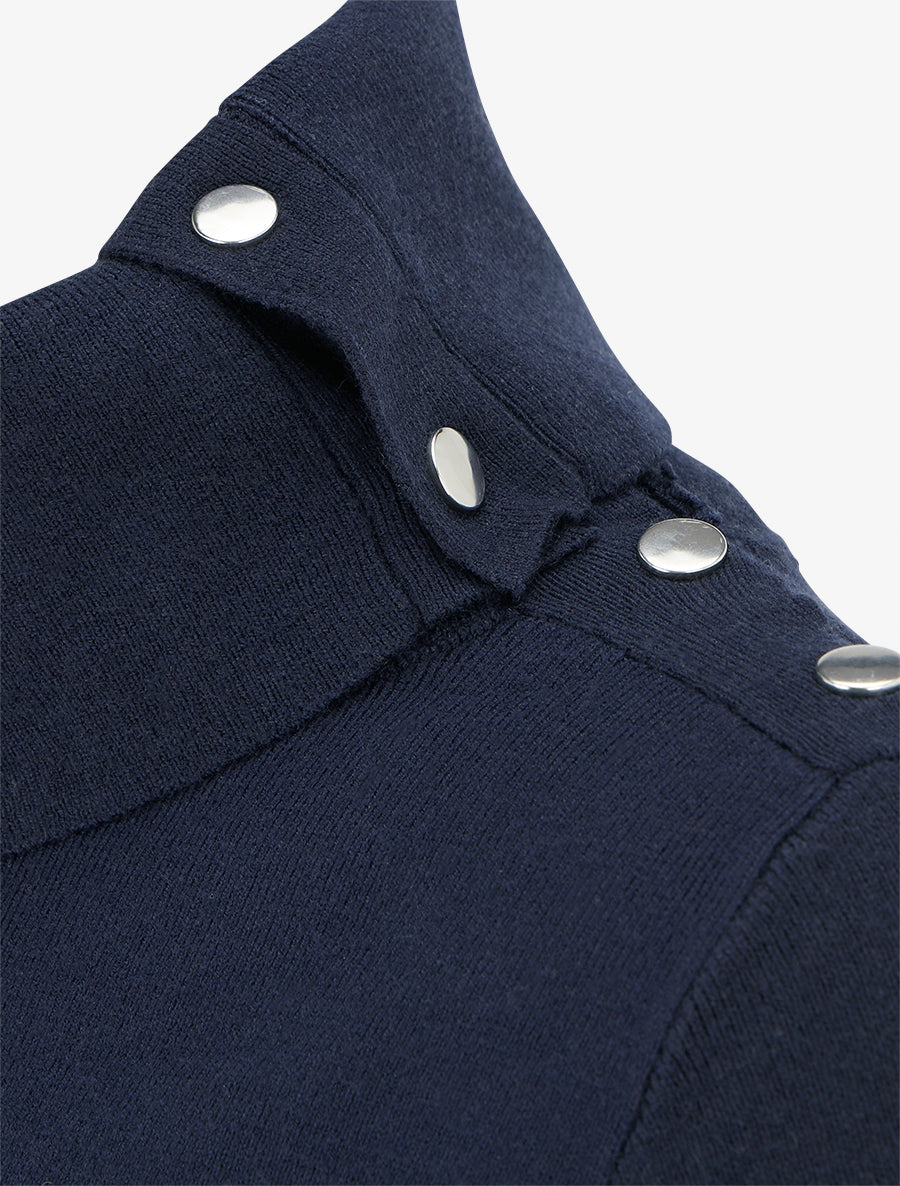 Pull fin côtelé à col roulé boutonné - Marine - 3