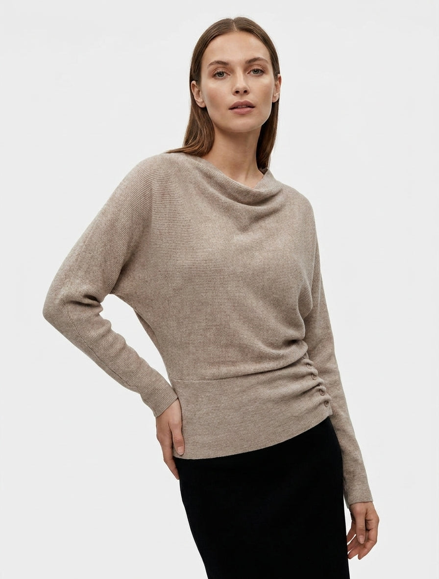 Pull côtelé froncé boutonné - Taupe