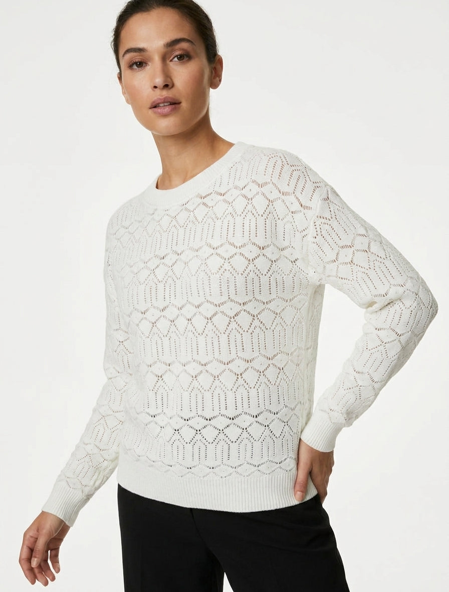 Pull ajouré à manches longues - Blanc