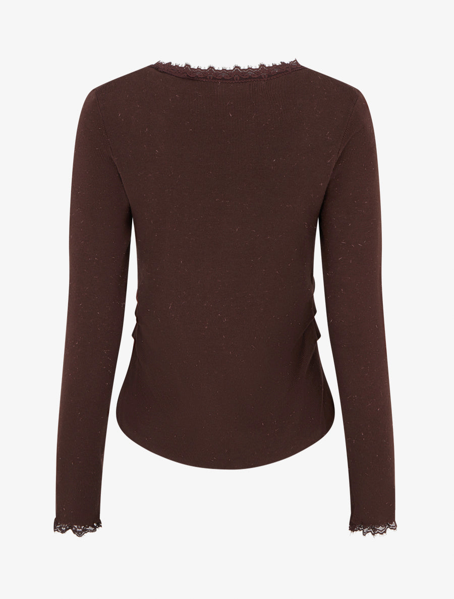 Pull côtelé à fils irisés et dentelle - Marron - 2