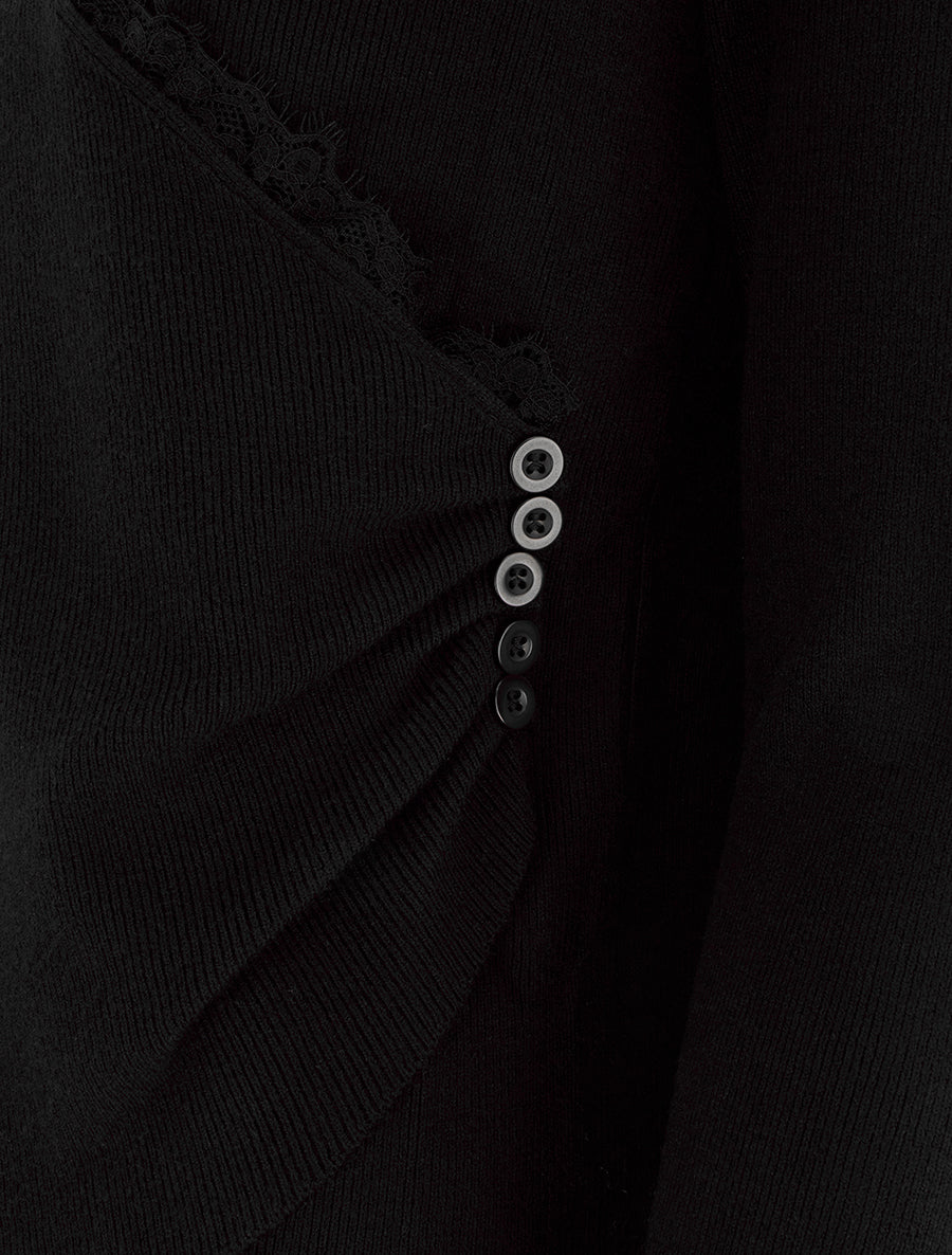 Pull côtelé asymétrique à détail dentelle - Noir - 3