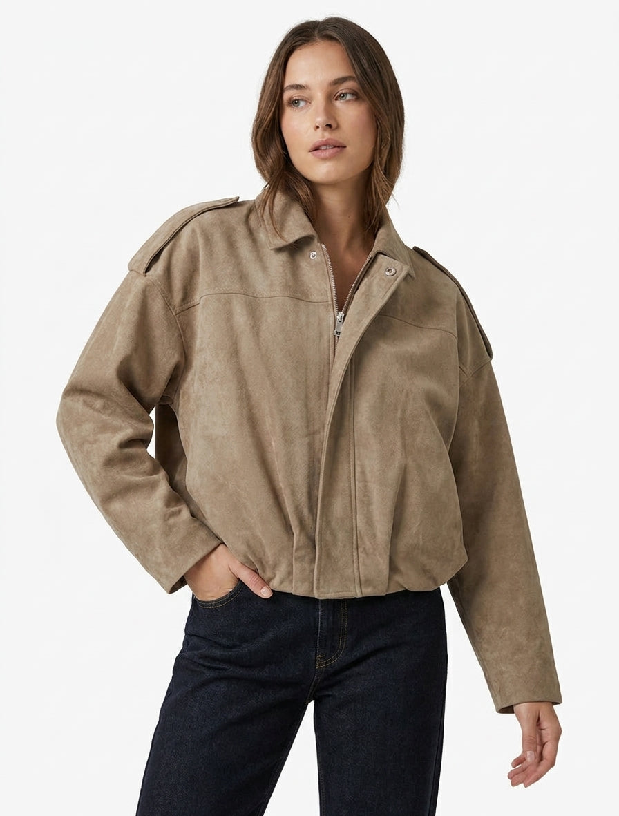 Bomber effet daim à languettes - Taupe