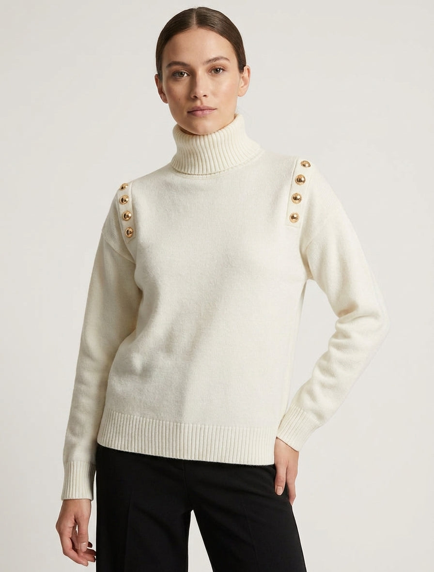 Pull droit col roulé à boutons épaules - Écru