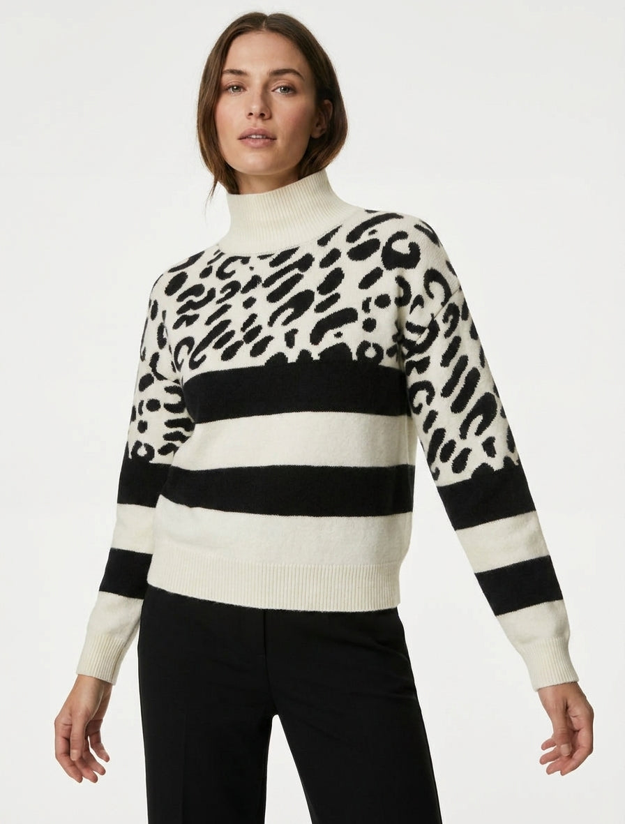 Pull rayé et léopard col roulé - Crème