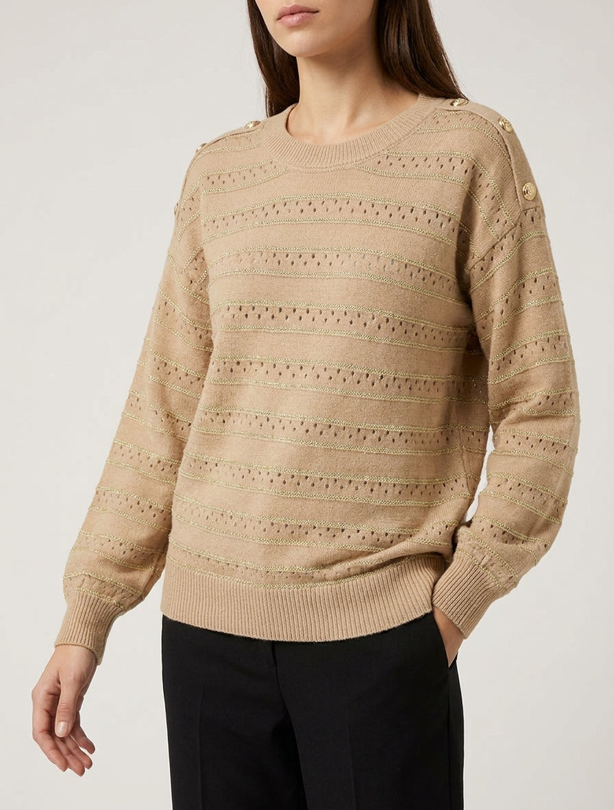 Pull à maille ajourée et rayures - Camel clair