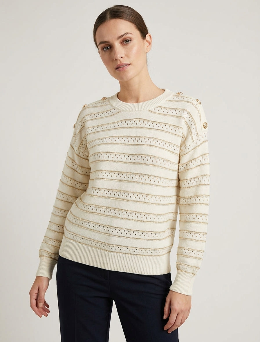 Pull en maille ajourée à rayures - Crème