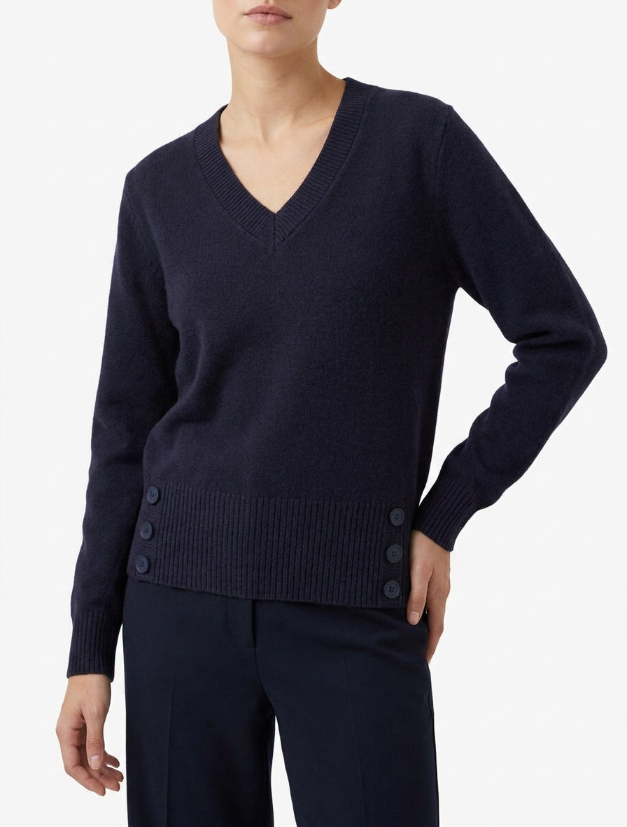 Pull droit à bords côtelés boutonnés - Bleu nuit