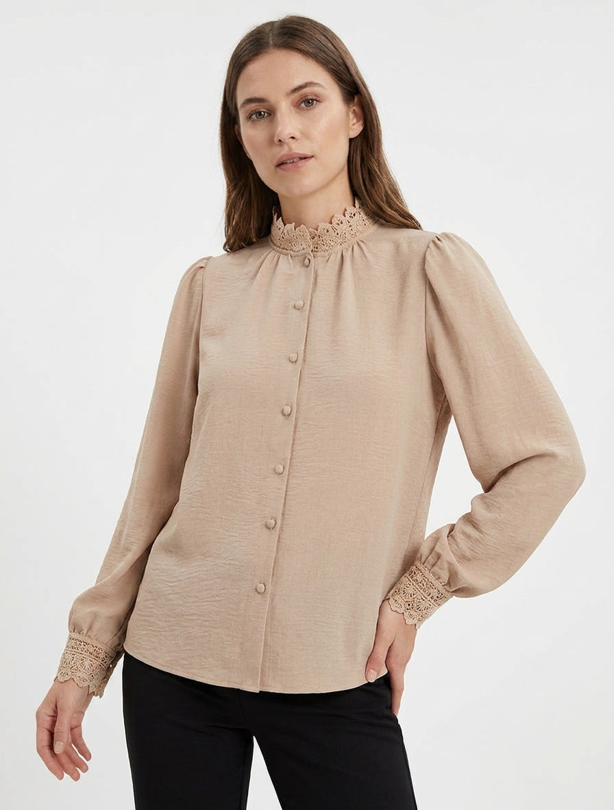 Blouse fluide poignets dentelle - Beige
