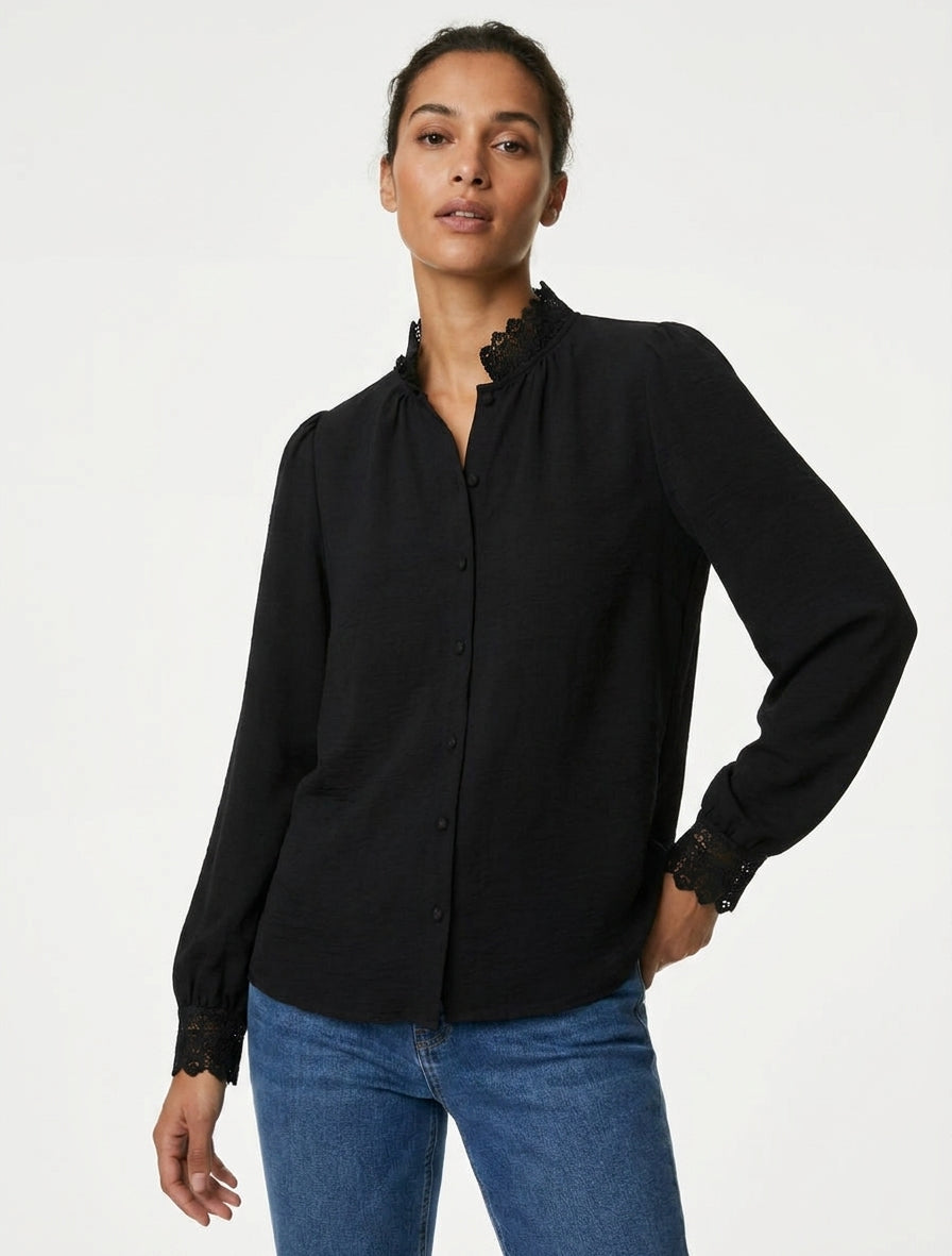 Blouse fluide poignets en dentelle - Noir