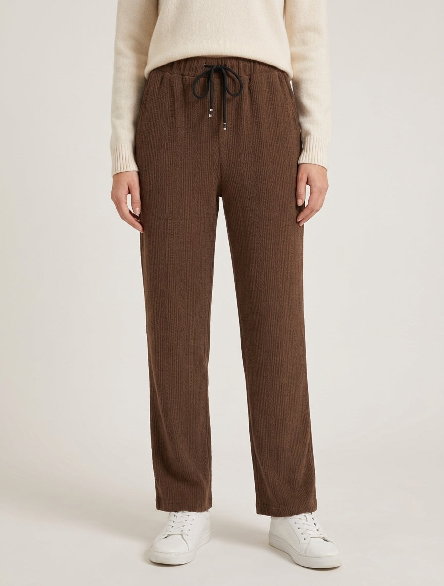 Pantalon droit taille haute élastiquée - Marron
