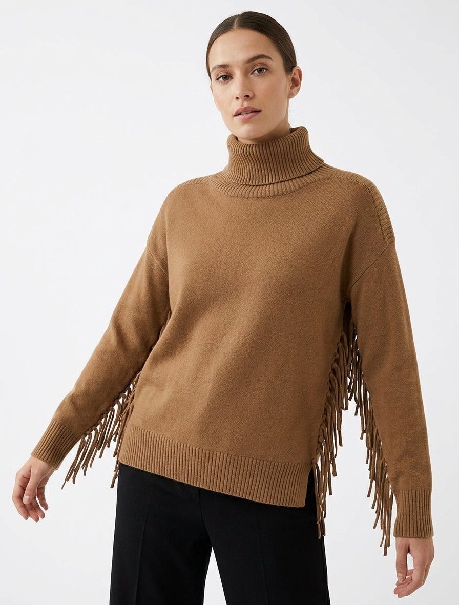Pull frangés à col roulé - Camel