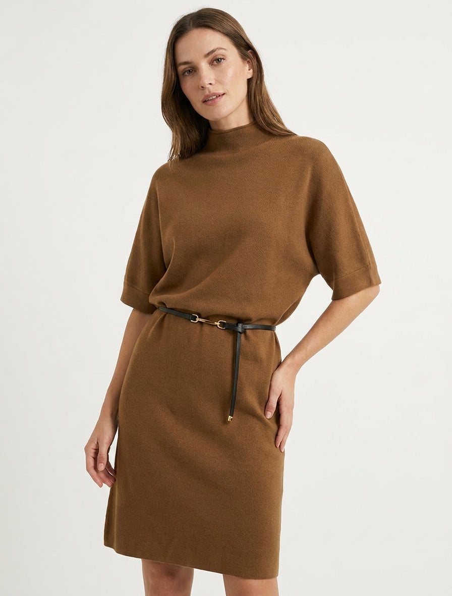 Robe pull col montant ceinturée - Camel