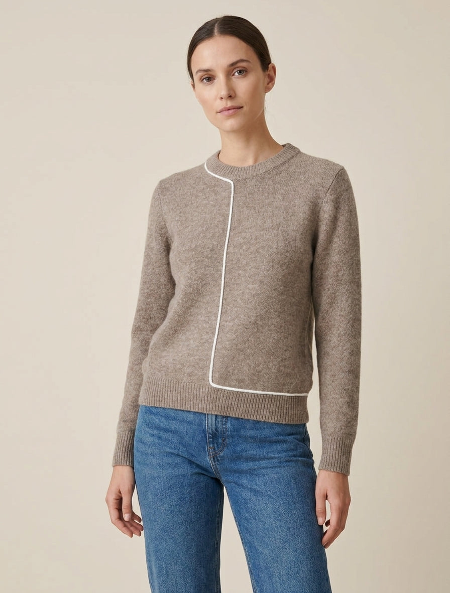 Pull laine mélangée à liseré contrastant - Taupe