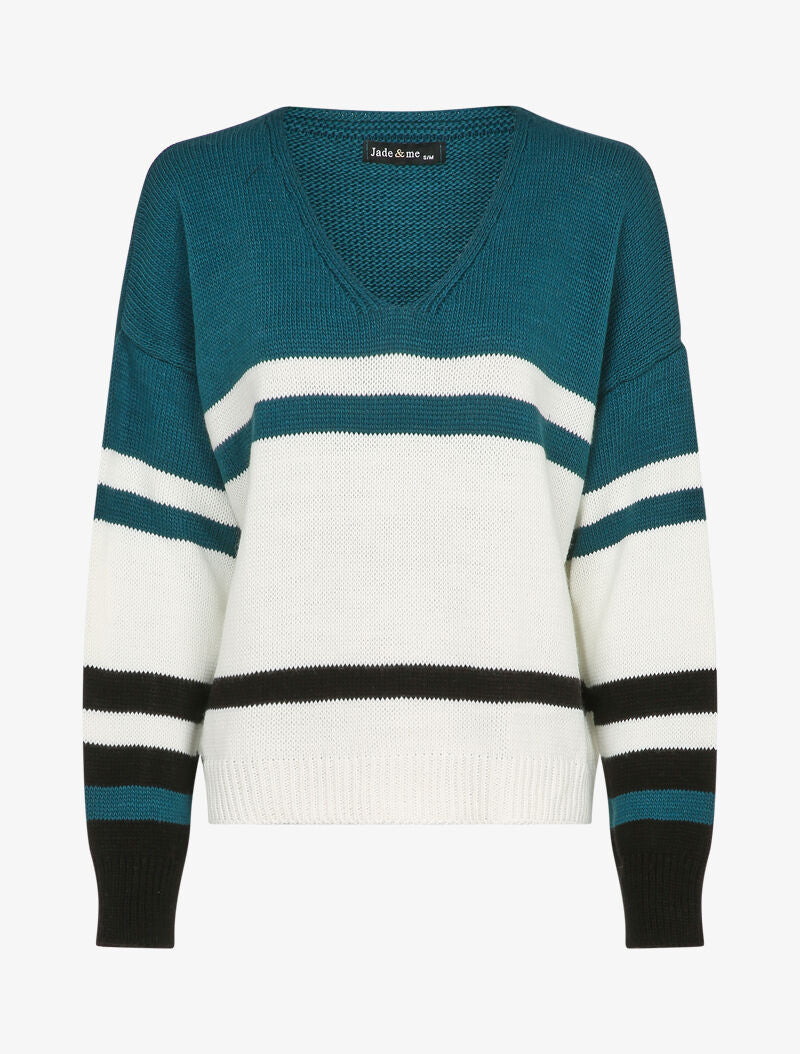 Pull à col V et motif rayé - Bleu - 4