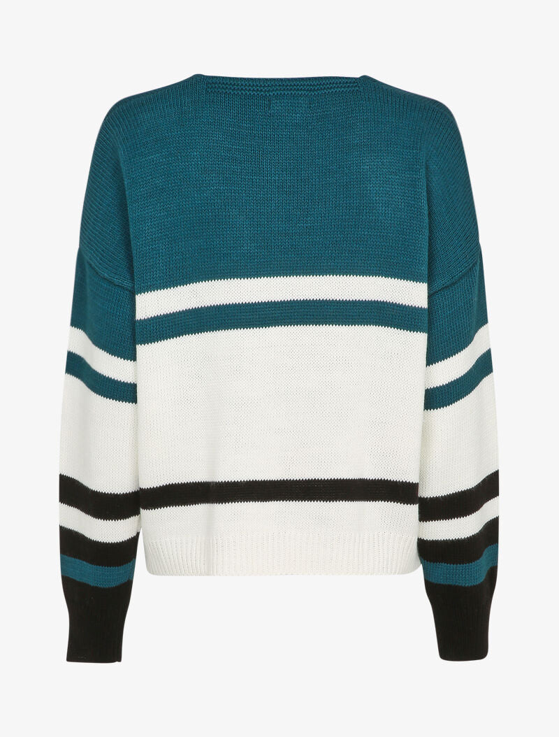 Pull à col V et motif rayé - Bleu - 2