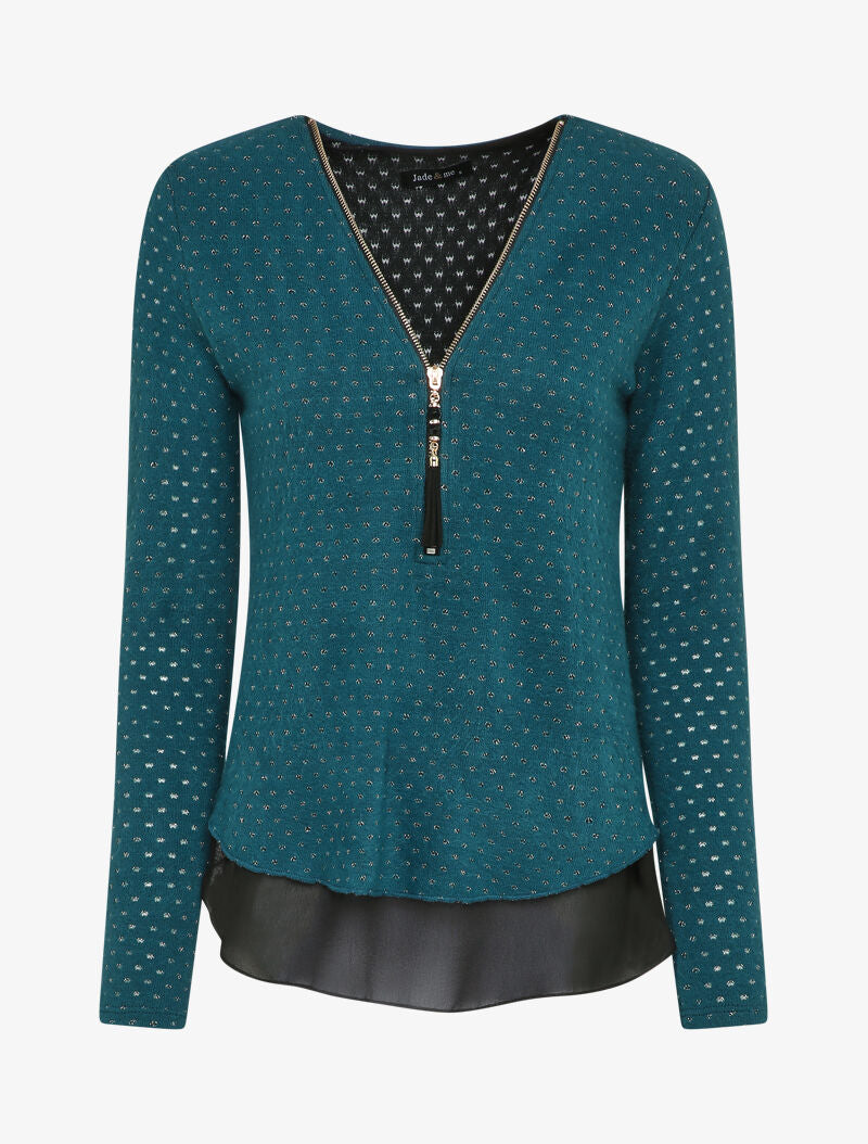 Pull à col V zippé en voile superposé - Bleu - 4