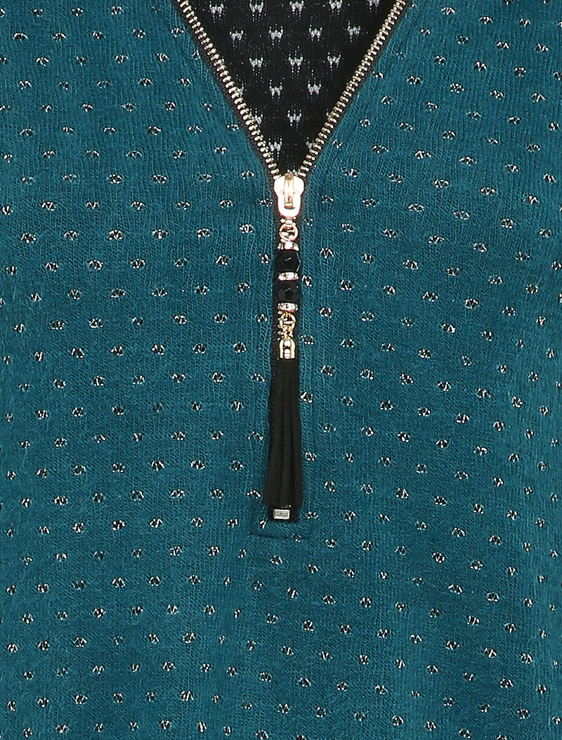 Pull à col V zippé en voile superposé - Bleu - 3