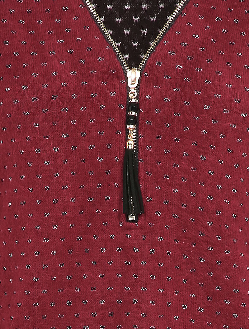 Pull à col V zippé en voile superposé - Bordeaux - 3