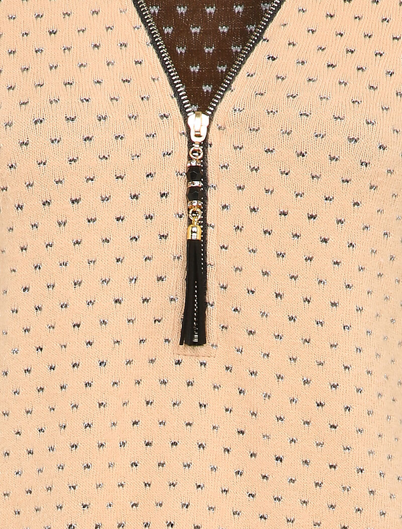 Pull à col V zippé en voile superposé - Rose - 3