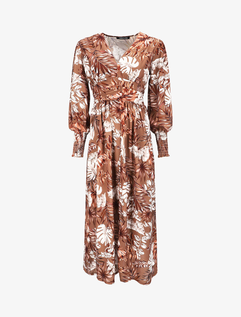 Robe longue à taille empire et imprimé feuilles tropicales - Camel - 1