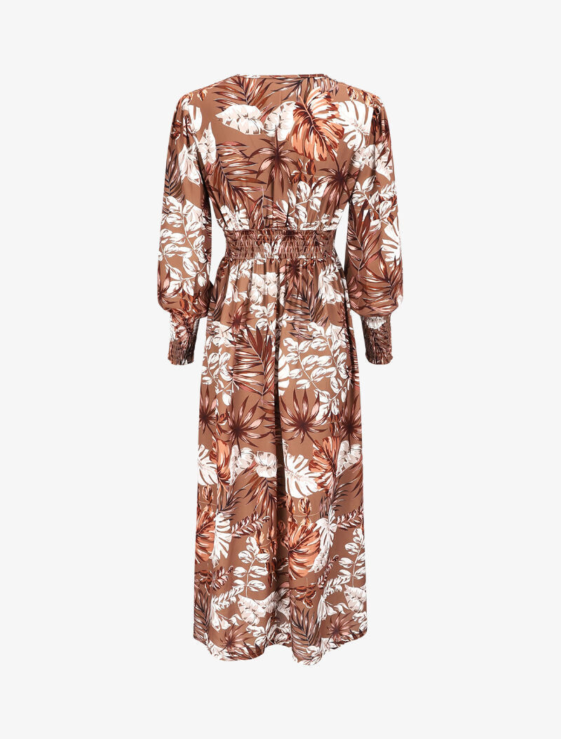 Robe longue à taille empire et imprimé feuilles tropicales - Camel - 2