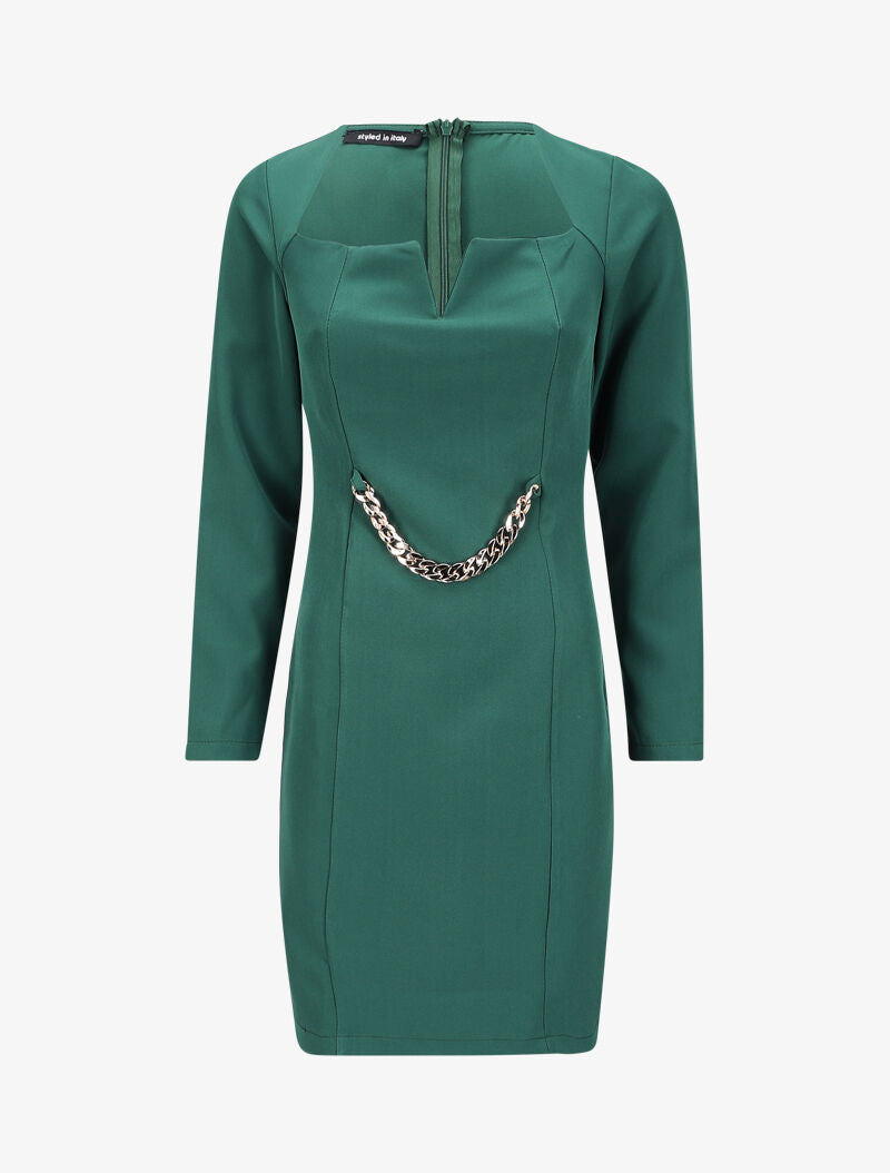 Robe ajustée à col fendu et détail chaîne - Vert émeraude - 4