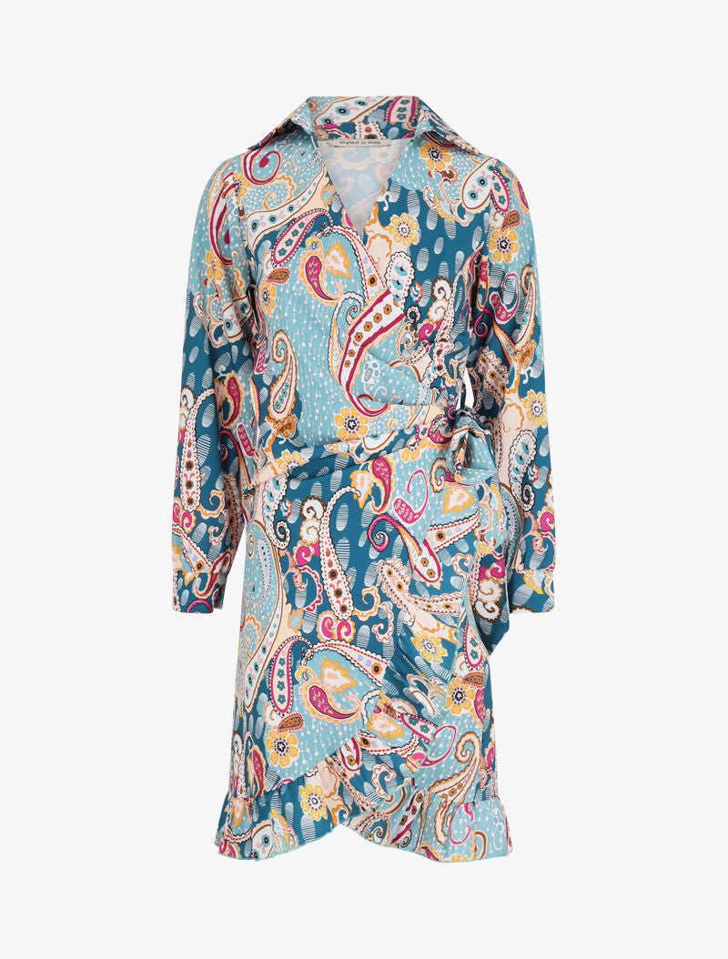 Robe portefeuille volantée à imprimé cachemire stylisé - Bleu - 1